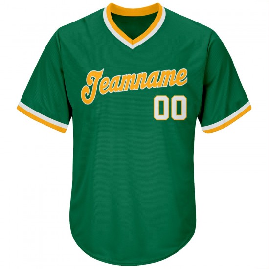 Custom Kelly Green White-Gold Authentic Throwback Rib-Knit Baseball Jersey Shirt