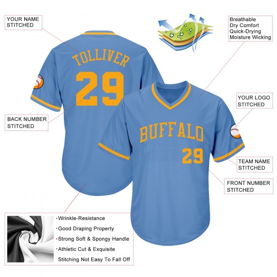 Custom Light Blue Gold Authentic Throwback Rib-Knit Baseball Jersey Shirt