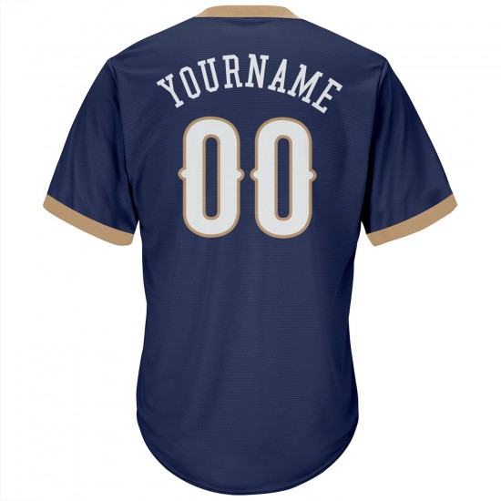 Custom Navy White-Old Gold Authentic Throwback Rib-Knit Baseball Jersey Shirt