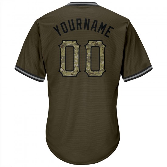 Custom Olive Camo-Black Authentic Salute To Service Throwback Rib-Knit Baseball Jersey Shirt