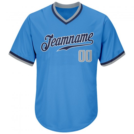 Custom Powder Blue Gray-Navy Authentic Throwback Rib-Knit Baseball Jersey Shirt