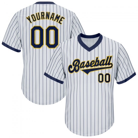 Custom White Navy Strip Navy-Gold Authentic Throwback Rib-Knit Baseball Jersey Shirt