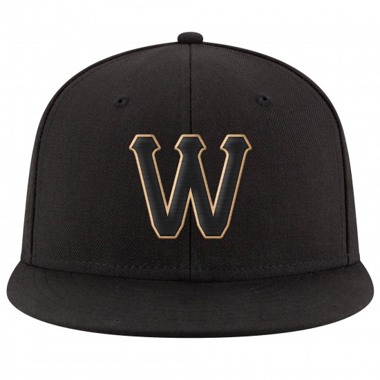 Custom Black Black-Old Gold Stitched Adjustable Snapback Hat