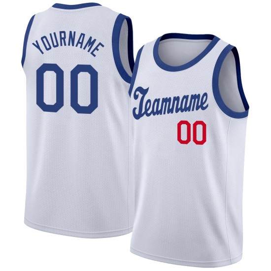 Custom White Royal-Red Round Neck Rib-Knit Basketball Jersey