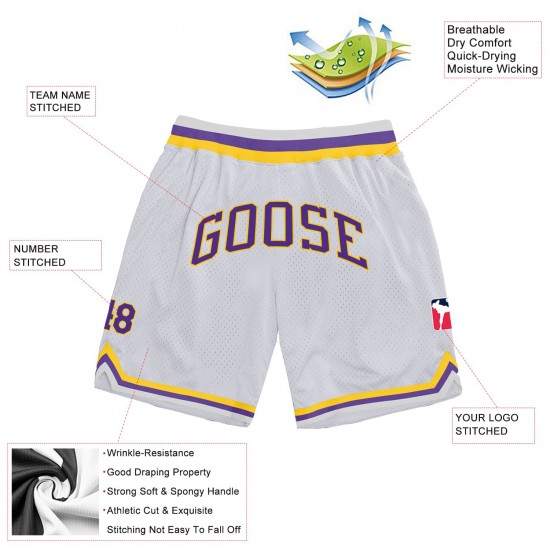 Custom White Purple-Gold Authentic Throwback Basketball Shorts