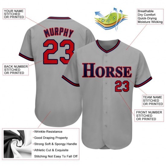 Custom Gray Red-Navy Authentic Baseball Jersey