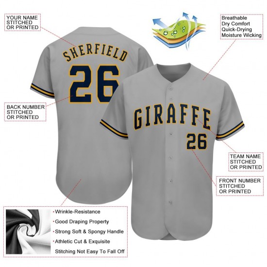 Custom Gray Navy-Old Gold Authentic Baseball Jersey