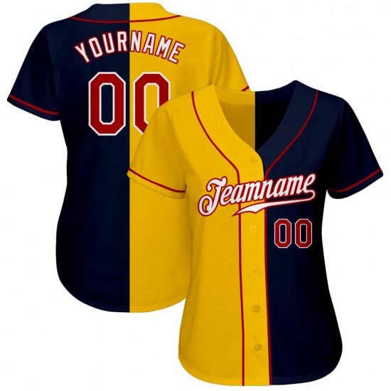 Custom Navy Red-Gold Authentic Split Fashion Baseball Jersey