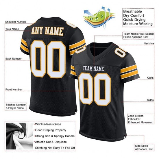 Custom Black White-Gold Mesh Authentic Football Jersey