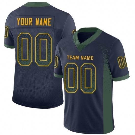 Custom Navy Green-Gold Mesh Drift Fashion Football Jersey