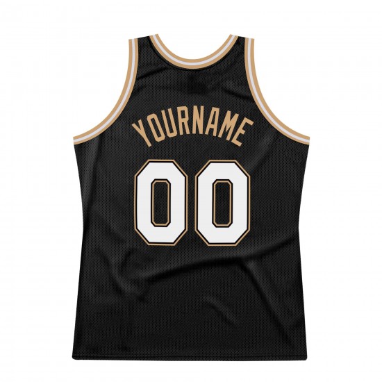 Custom Black White-Old Gold Authentic Throwback Basketball Jersey