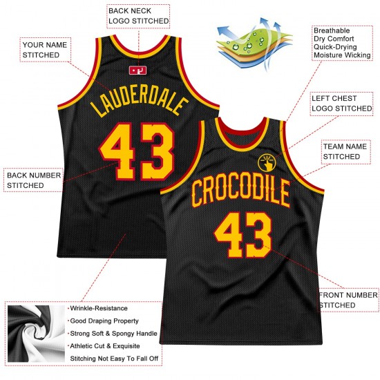 Custom Black Gold-Red Authentic Throwback Basketball Jersey