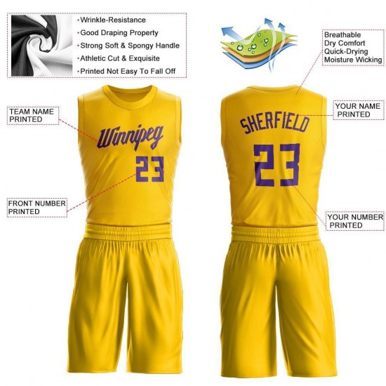 Custom Gold Purple Round Neck Suit Basketball Jersey