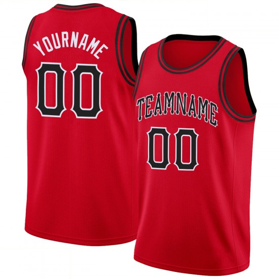 Custom Red Black-White Round Neck Rib-Knit Basketball Jersey