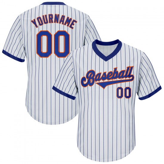 Custom White Royal Strip Royal-Orange Authentic Throwback Rib-Knit Baseball Jersey Shirt