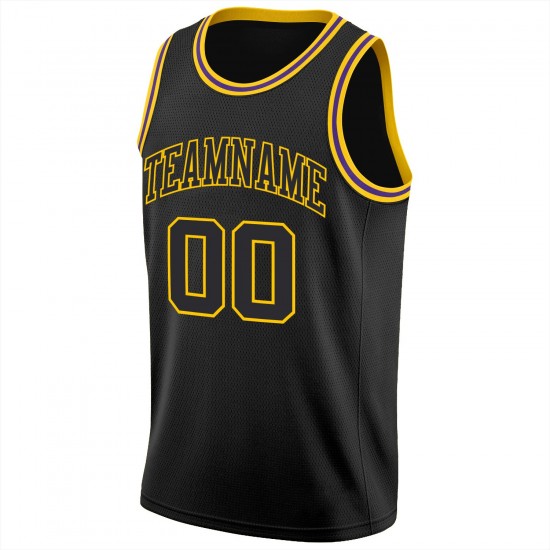 Custom Black Black-Gold Round Neck Rib-Knit Basketball Jersey