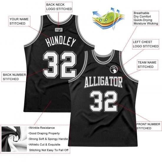 Custom Black White-Silver Authentic Throwback Basketball Jersey